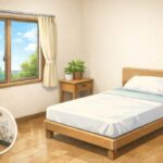 窓際の湿気対策をした清潔な寝室のイラスト