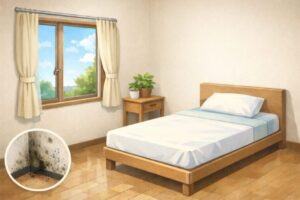 窓際の湿気対策をした清潔な寝室のイラスト