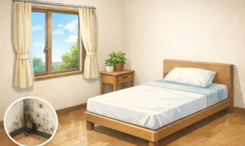 窓際の湿気対策をした清潔な寝室のイラスト