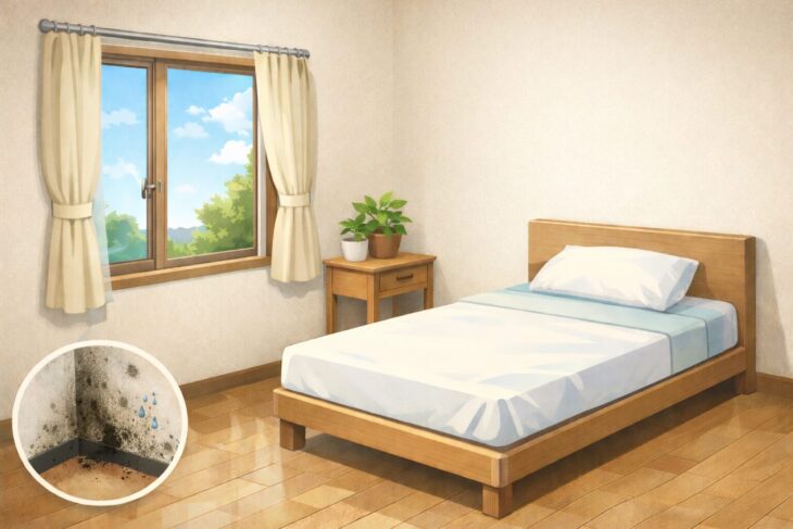 窓際の湿気対策をした清潔な寝室のイラスト