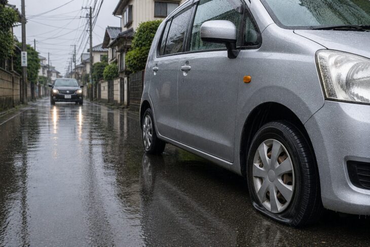 車のタイヤがパンクしたときのイメージ