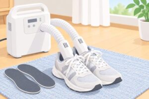 布団乾燥機と靴乾燥アタッチメントでスニーカーを乾かしている様子